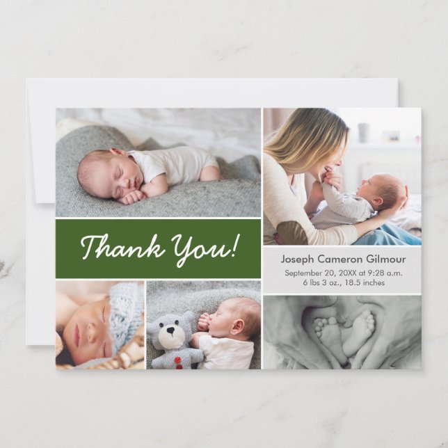 Dark Green Custom Photo Collage Baby Boy Birth  Thank You Card (Front)