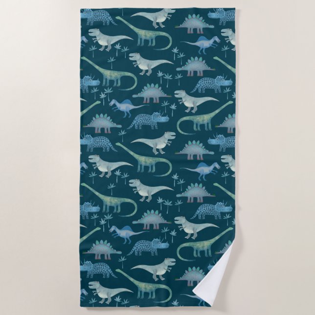 Dark Green Cute Dinosaur Pattern Beach Towel (Front)