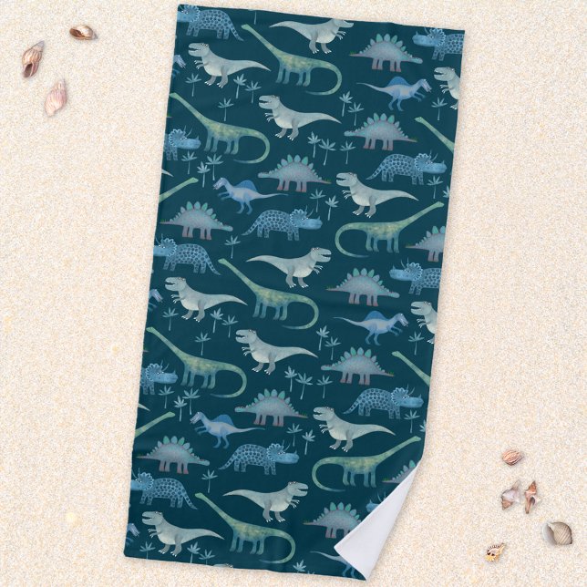 Dark Green Cute Dinosaur Pattern Beach Towel (Fun prehistoric dinosaur pattern beach towel for paleontologists of all ages)