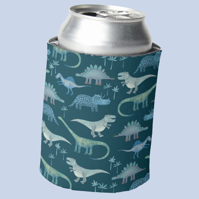 Dark Green Cute Dinosaur Pattern Can Cooler (Fun dinosaur pattern can cooler)