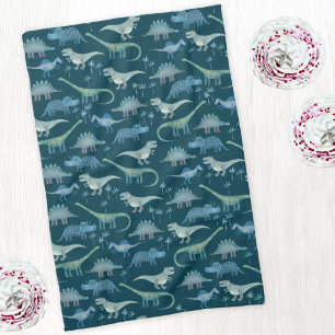 Dark Green Cute Dinosaur Pattern Tea Towel