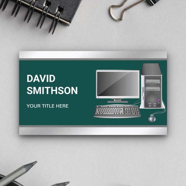 Dark Green Desktop PC Computer Repair Technician Business Card (Creator Uploaded)
