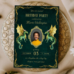 Dark Green dragon golden birthday Invitation
