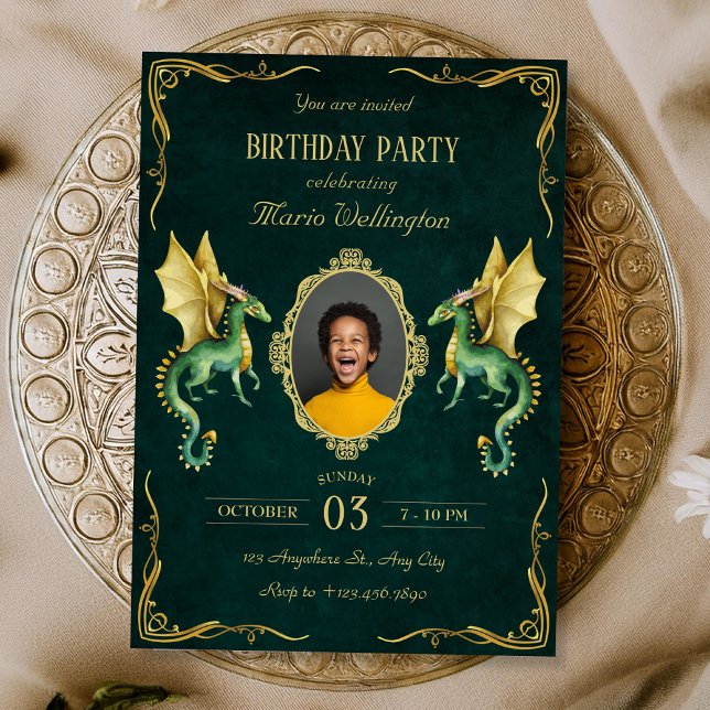 Dark Green dragon golden birthday Invitation (Creator Uploaded)