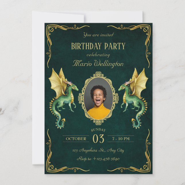 Dark Green dragon golden birthday Invitation (Front)