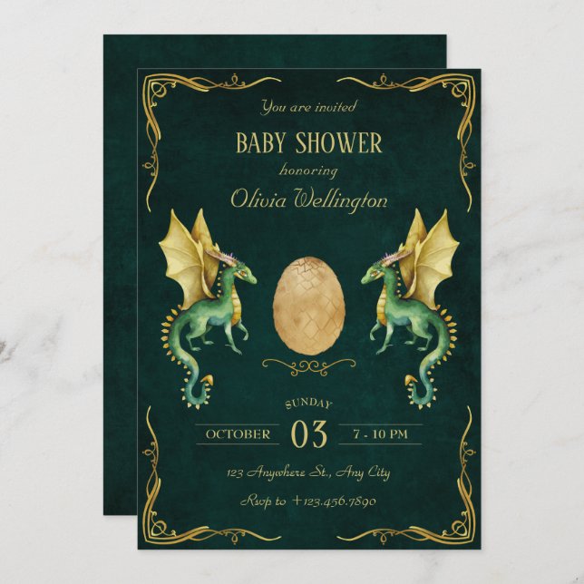 Dark Green dragon with gold egg baby shower Invitation (Front/Back)