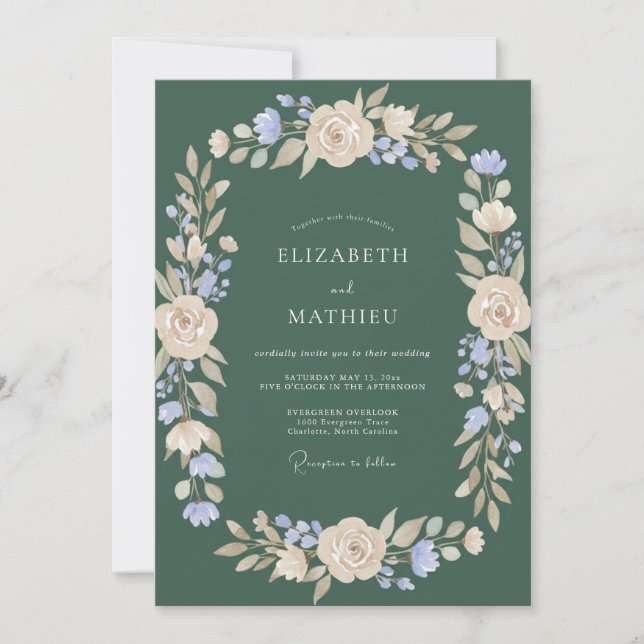 Dark Green Dreamy Botanical Wedding Invitation (Front)