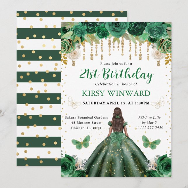 Dark Green Dress Dark Skin Princess Birthday Invitation (Front/Back)