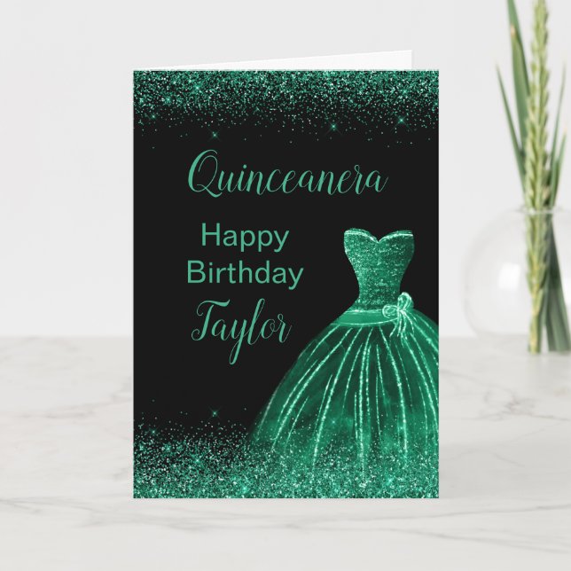 Dark Green Dress Faux Glitter Quinceanera Card (Front)