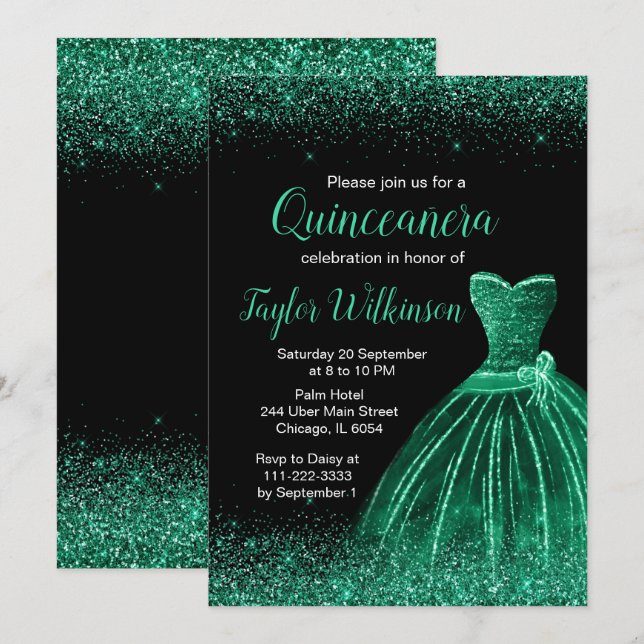 Dark Green Dress Faux Glitter Quinceanera Invitation (Front/Back)