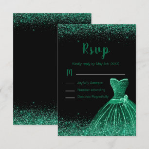 Dark Green Dress Faux Glitter Quinceanera RSVP Card