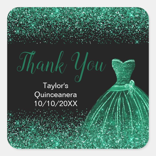 Dark Green Dress Faux Glitter Quinceanera Square Sticker (Front)