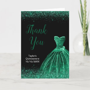 Dark Green Dress Faux Glitter Quinceanera Thank You Card