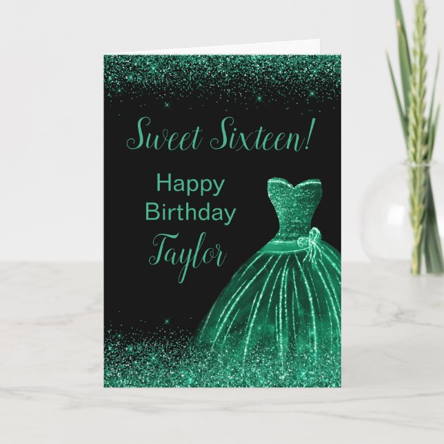 Dark Green Dress Faux Glitter Sweet 16 Birthday Card (Front)