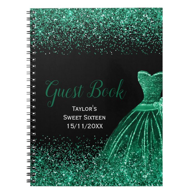 Dark Green Dress Faux Glitter Sweet 16 Birthday Notebook (Front)