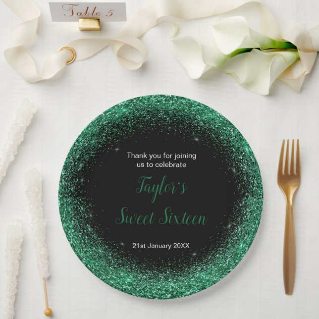 Dark Green Dress Faux Glitter Sweet 16 Birthday Paper Plate (Wedding)