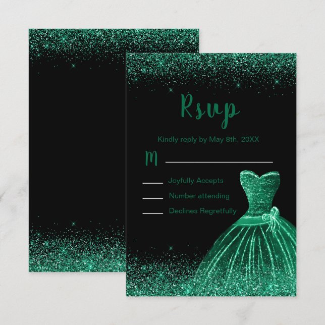 Dark Green Dress Faux Glitter Sweet 16 Birthday RSVP Card (Front/Back)