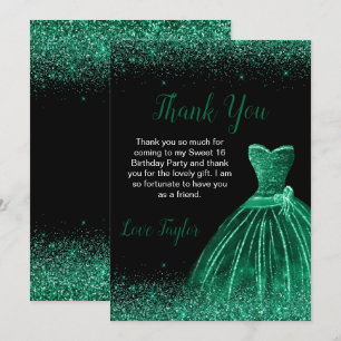Dark Green Dress Faux Glitter Sweet 16 Birthday Thank You Card