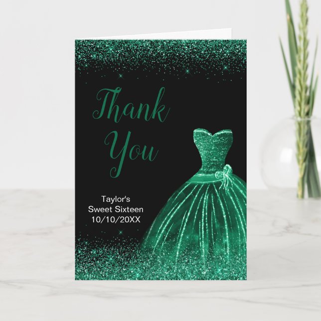 Dark Green Dress Faux Glitter Sweet 16 Birthday Thank You Card (Front)