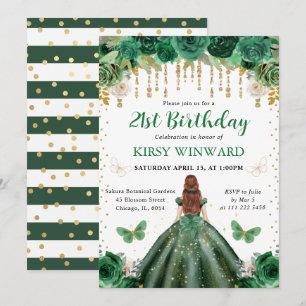 Dark Green Dress Red Haired Princess Birthday Invitation