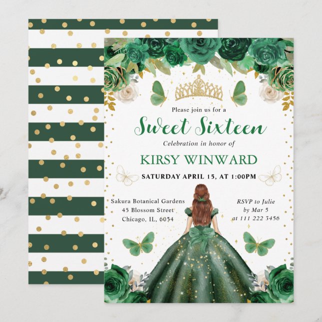 Dark Green Dress Red Haired Princess Sweet 16 Invitation (Front/Back)