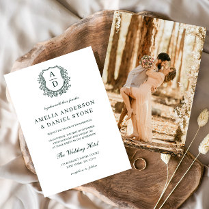 Dark Green Elegant Floral Crest Monogram Wedding  Invitation