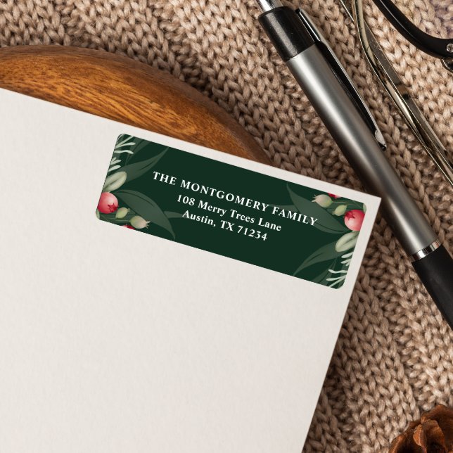 Dark Green Elegant Greenery Christmas Chic (Elegant Christmas Return label with family name and address over a dark green background with berrie)