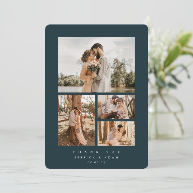 Dark Green Elegant Minimal 4 Photo Wedding Flat Thank You Card (Standing Front)