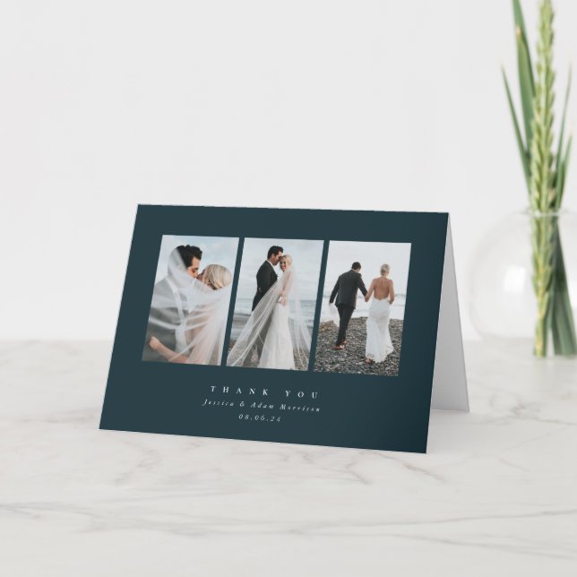 Dark Green Elegant Minimal Triple Photo Wedding Thank You Card (Front)
