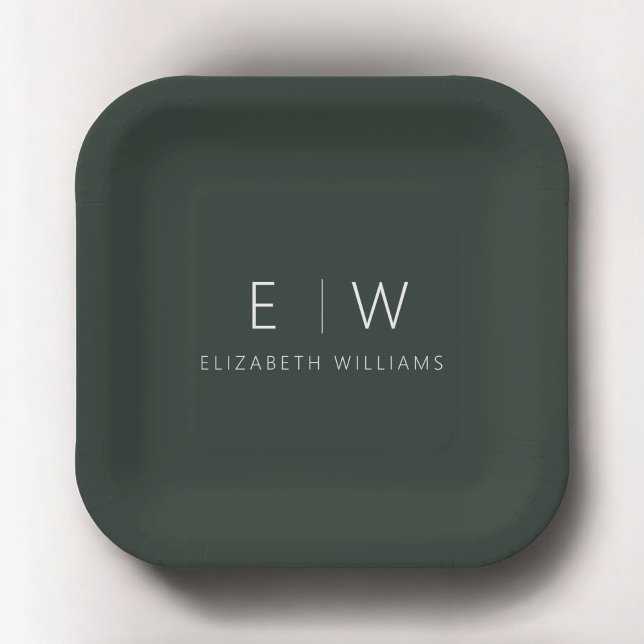 Dark Green Elegant Modern Minimalist Black White Paper Plate (Creator Uploaded)