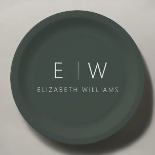 Dark Green Elegant Modern Minimalist Black White Paper Plate
