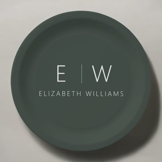 Dark Green Elegant Modern Minimalist Black White Paper Plate (Creator Uploaded)