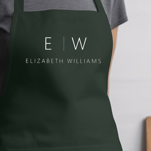 Dark Green Elegant Modern Minimalist Monogram Name Apron (Creator Uploaded)