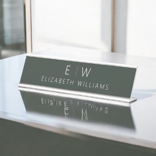 Dark Green Elegant Modern Minimalist Monogram Name Desk Name Plate