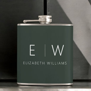 Dark Green Elegant Modern Minimalist Monogram Name Hip Flask