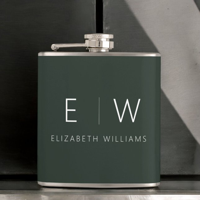 Dark Green Elegant Modern Minimalist Monogram Name Hip Flask (Creator Uploaded)