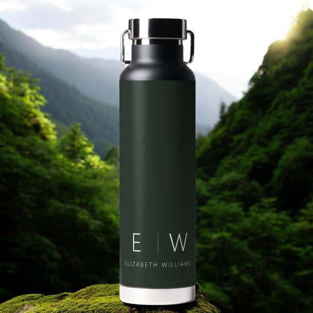 Dark Green Elegant Modern Minimalist Monogram Name Water Bottle (Creator Uploaded)