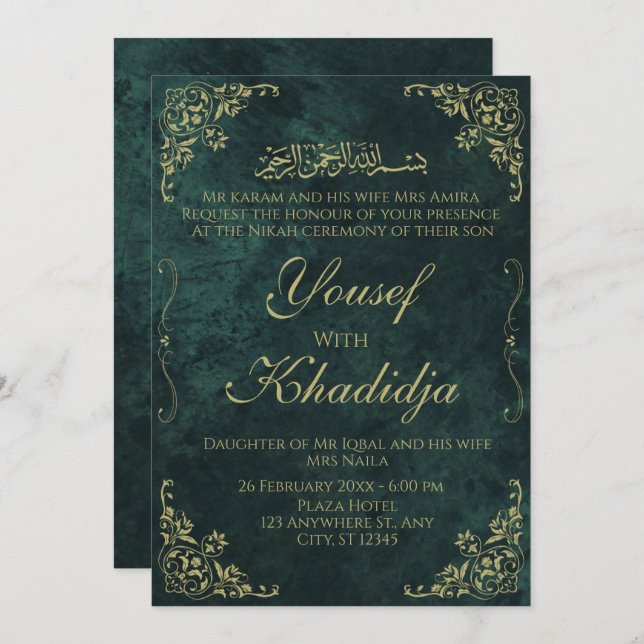 Dark Green Elegant Muslim Nikah Invitation (Front/Back)