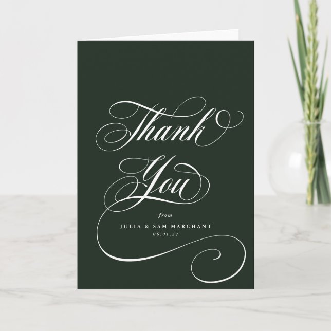 Dark Green Elegant Script Blank Wedding Thank You Card (Front)