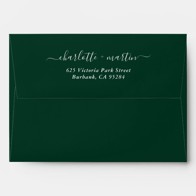 Dark Green Elegant Script Return Address Wedding Envelope (Back (Top Flap))