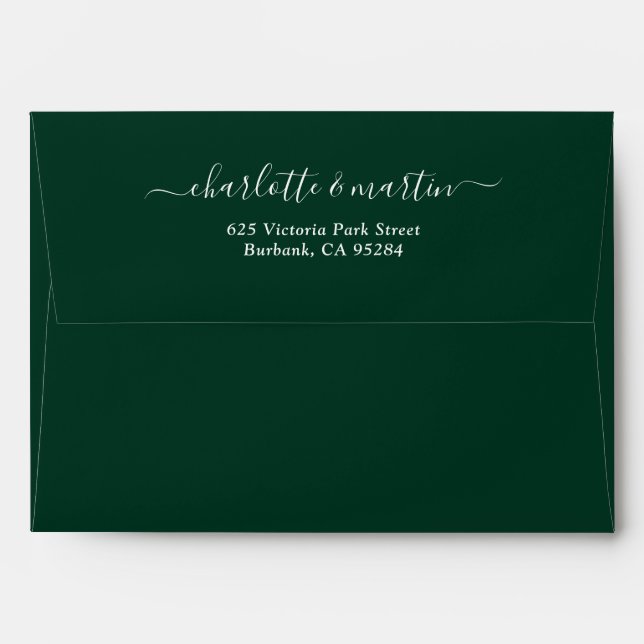 Dark Green Elegant Script Return Address Wedding Envelope (Back (Top Flap))