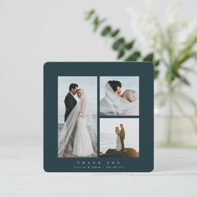 Dark Green Elegant Square Three Photo Wedding Thank You Card (Standing Front)