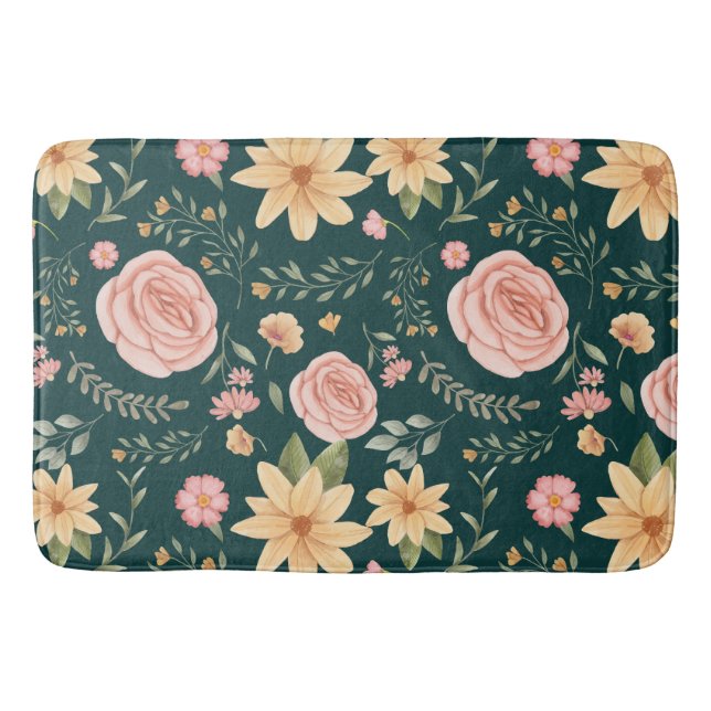Dark Green Elegant Vintage Wildflower Pattern  Bath Mat (Front)