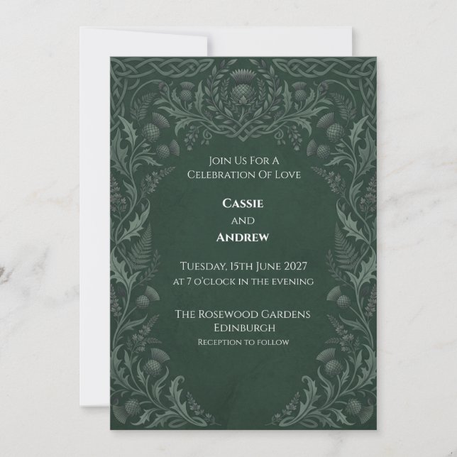 Dark Green Embossed Botanical Wedding Invitation (Front)