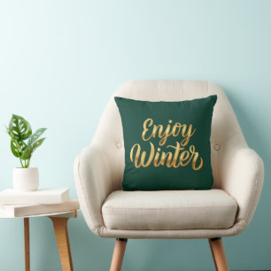 Dark Green Enjoy Winter - Gold Script Decor Cushion