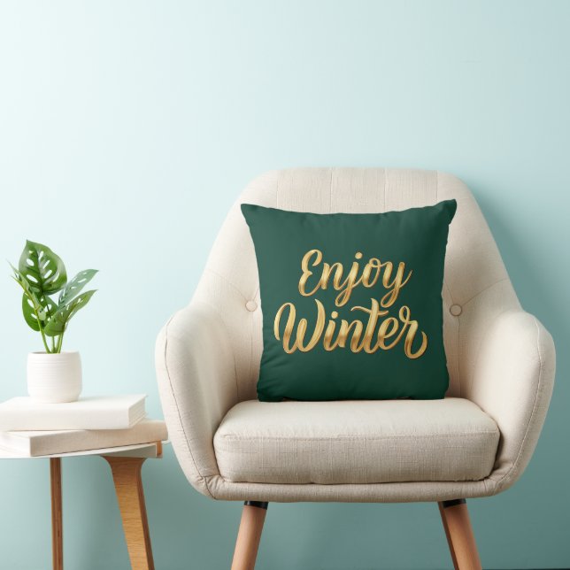 Dark Green Enjoy Winter - Gold Script Decor Cushion (Chair)