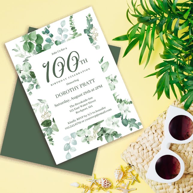 Dark Green Eucalyptus 100th Birthday Party Invitation (Need matching party supplies? Welcome signs, paper plates, napkins, etc. Message me!)