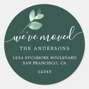 Dark Green Eucalyptus We’ve Moved Address Classic Round Sticker