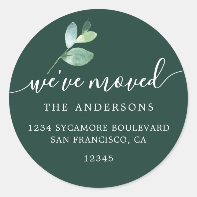 Dark Green Eucalyptus We’ve Moved Address Classic Round Sticker (Front)