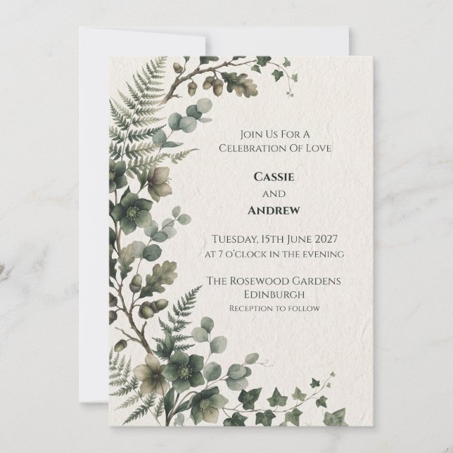 Dark Green Eucalyptus Wedding Invitation (Front)
